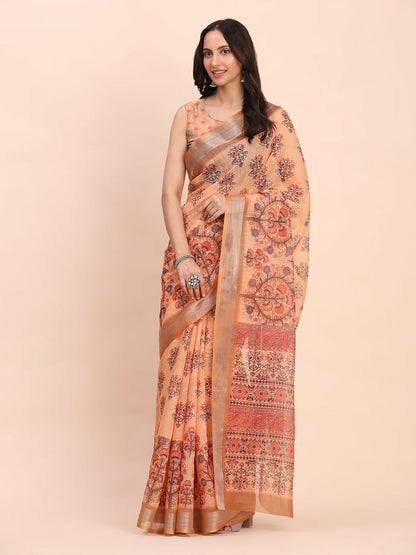 Shree Shyam Fashion Linen Cotton Orange Saree - Distacart