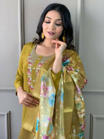 Thumbnail for The52 Mustard Gorgeous Embroidered Viscose Chanderi Fabric Straight Kurta Pant with Dupatta Set - Distacart