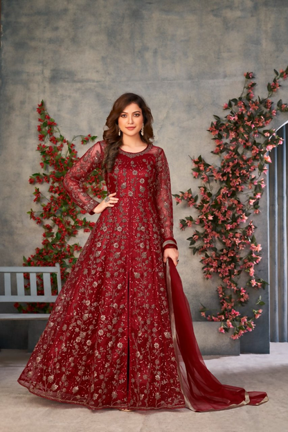 Anaita Maroon Embroidered Net Stitched Anarkali suit - Distacart