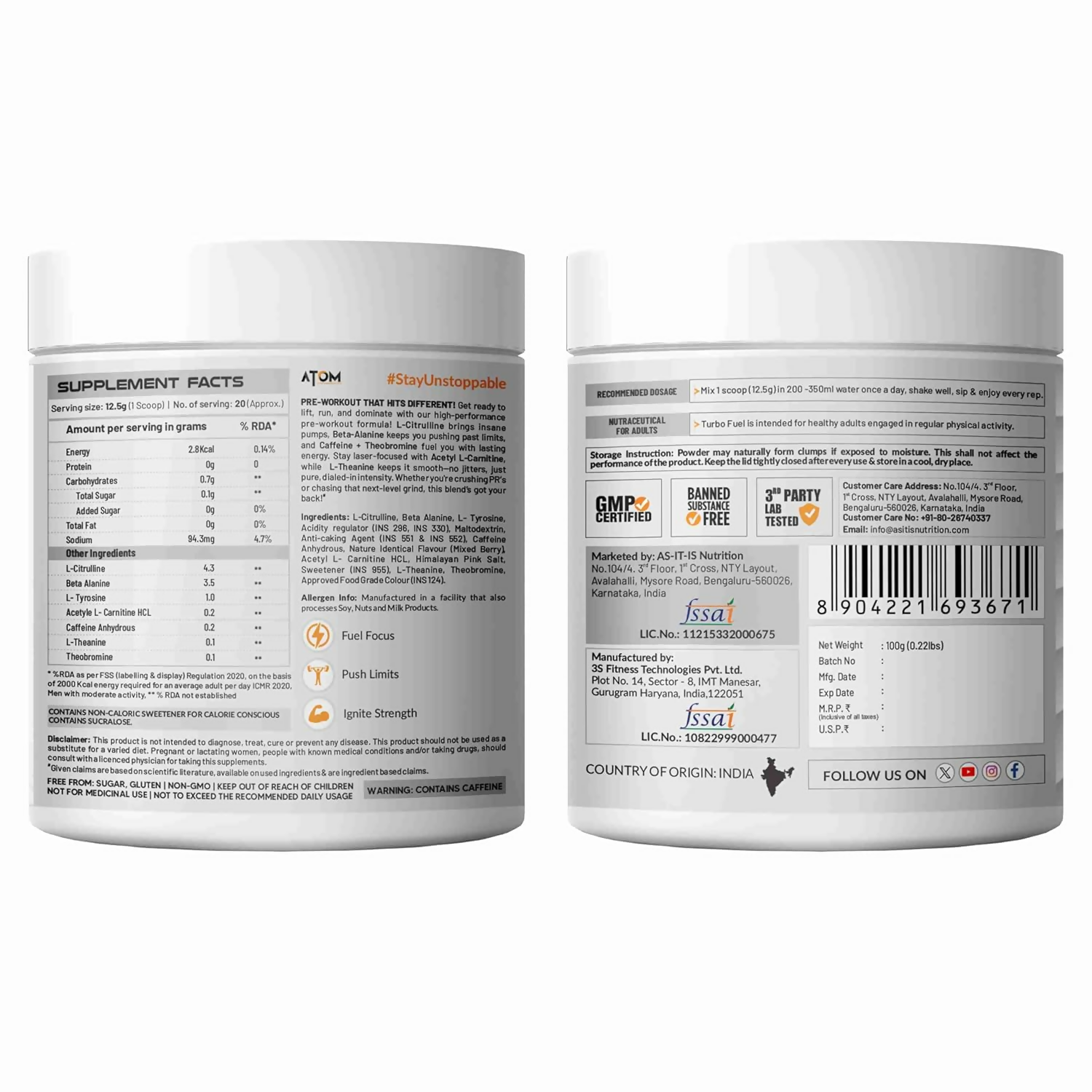 As-It-Is Atom Turbo Fuel Pre-Workout Formula Berry Blast Flavour