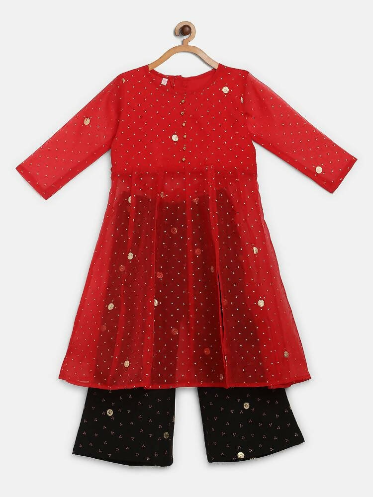 Ahalyaa Red Organza Kids Kurta Palazzo Set For Girls - Distacart
