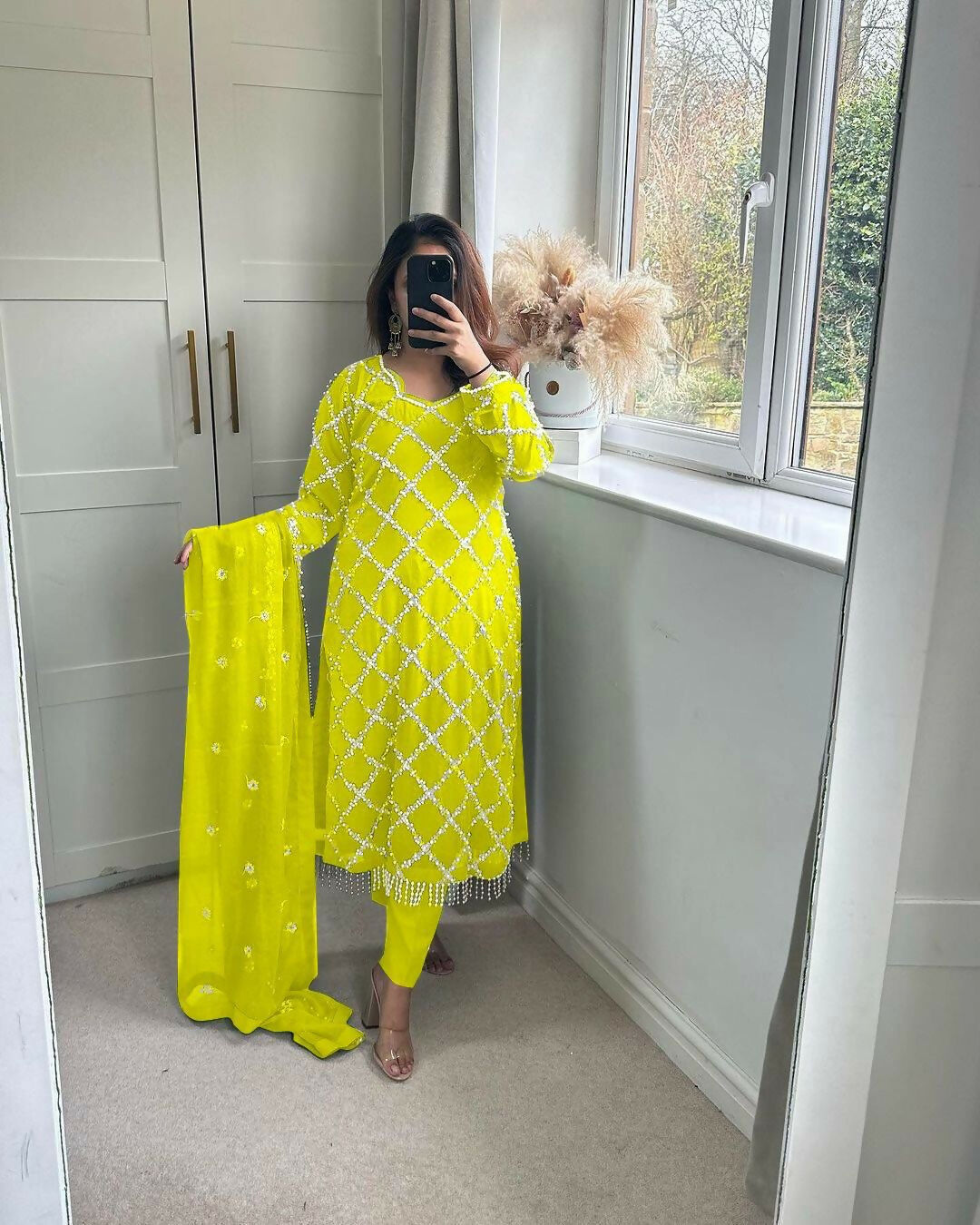 Preksha Creation Indian Festival Special Women Faux Georgette Sequence Embroidered Work Top And Pant With Dupatta - Yellow - Distacart