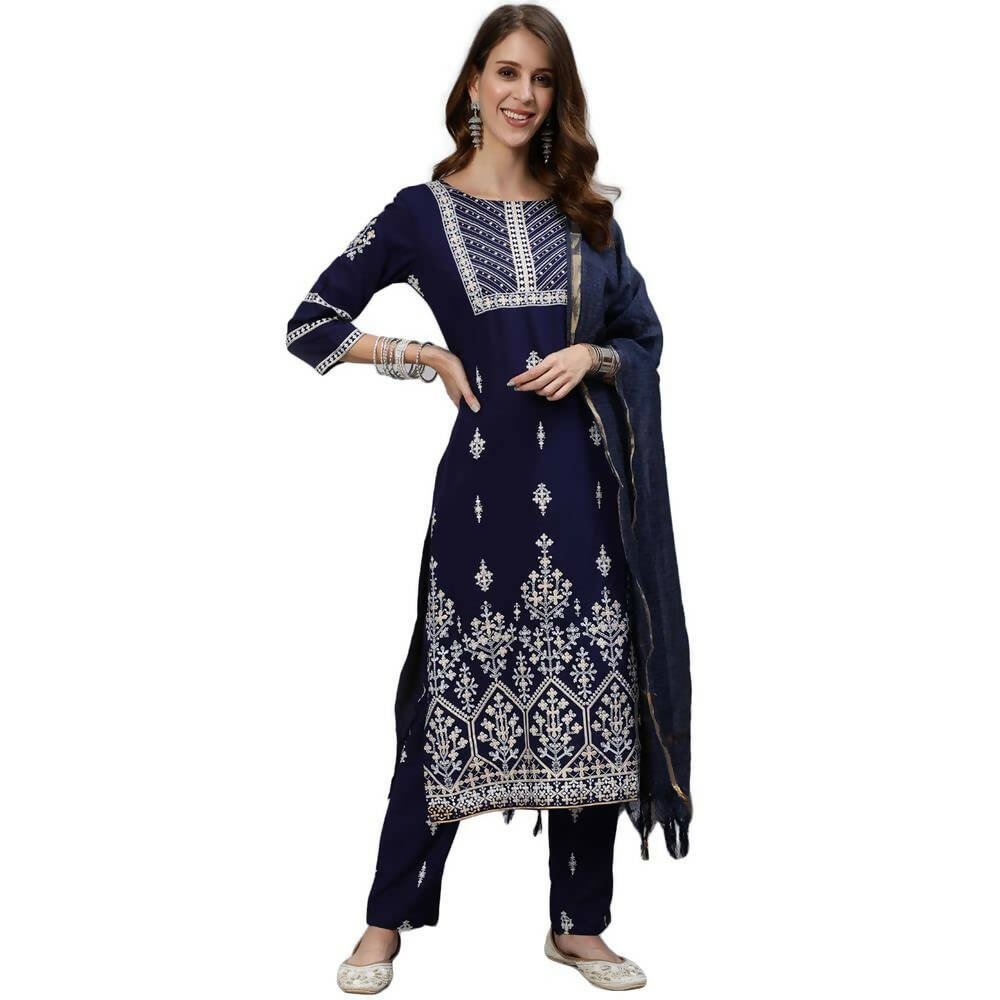 Anubhutee Women's Rayon Floral Embroidered Regular Navy Blue Kurta Set - Distacart
