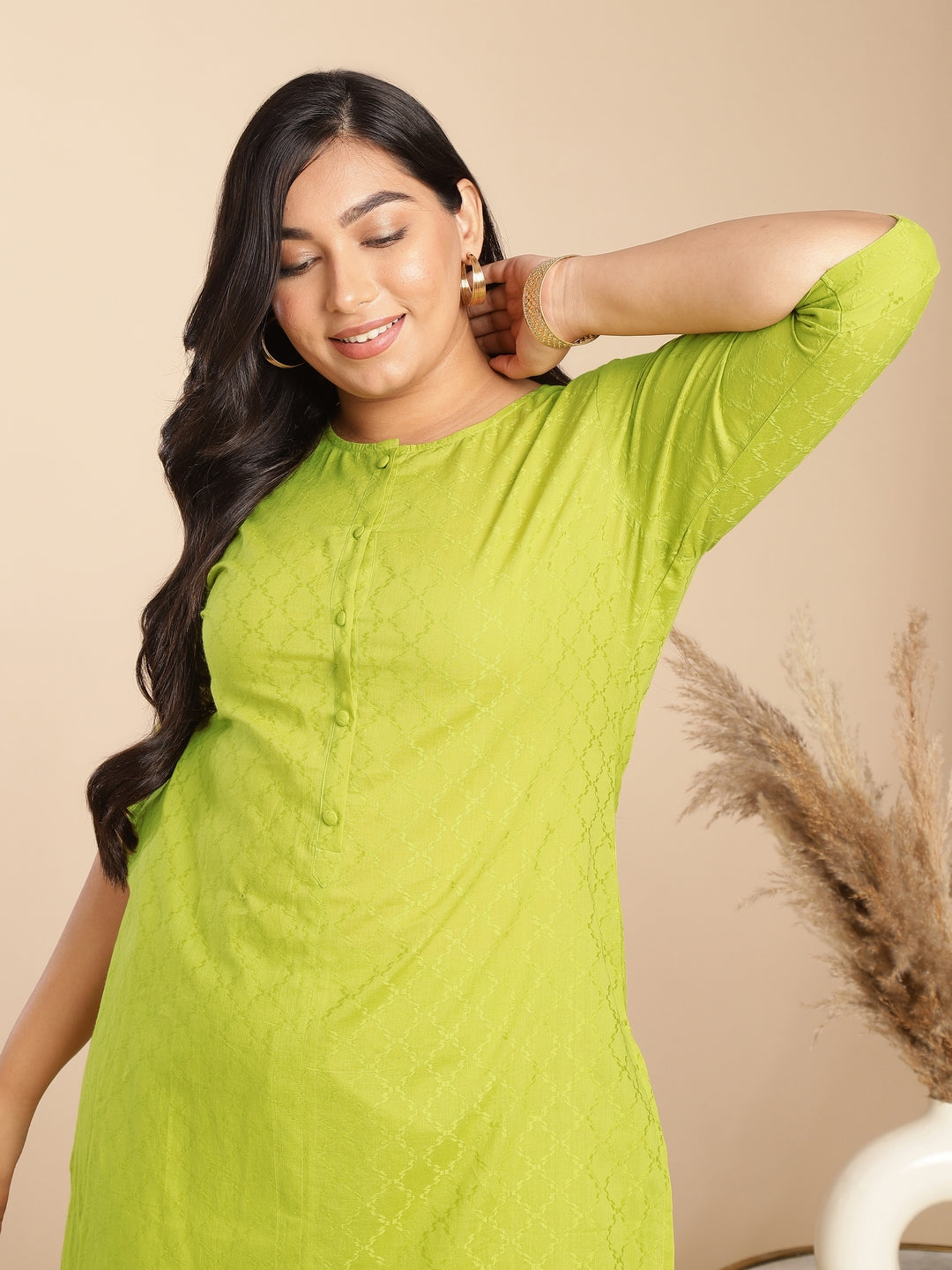 Janasya Regular Jacquard Lime Green Self Design Round Neck Co-Ords - Distacart