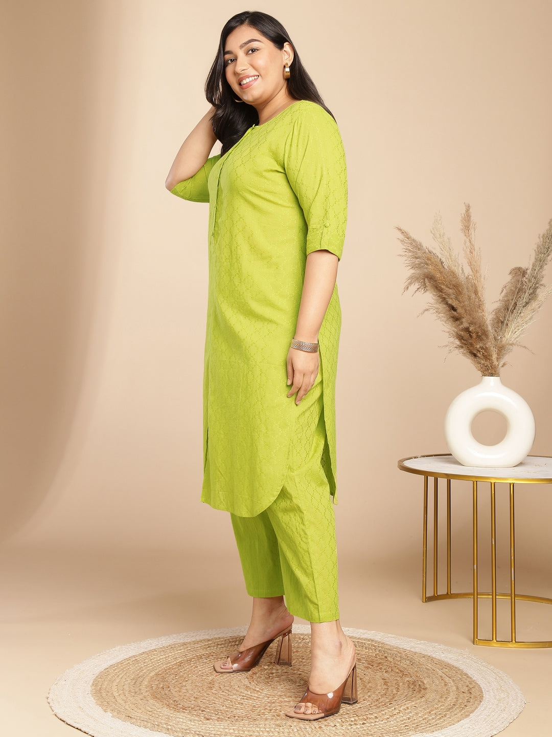 Janasya Regular Jacquard Lime Green Self Design Round Neck Co-Ords - Distacart
