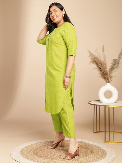 Janasya Regular Jacquard Lime Green Self Design Round Neck Co-Ords - Distacart