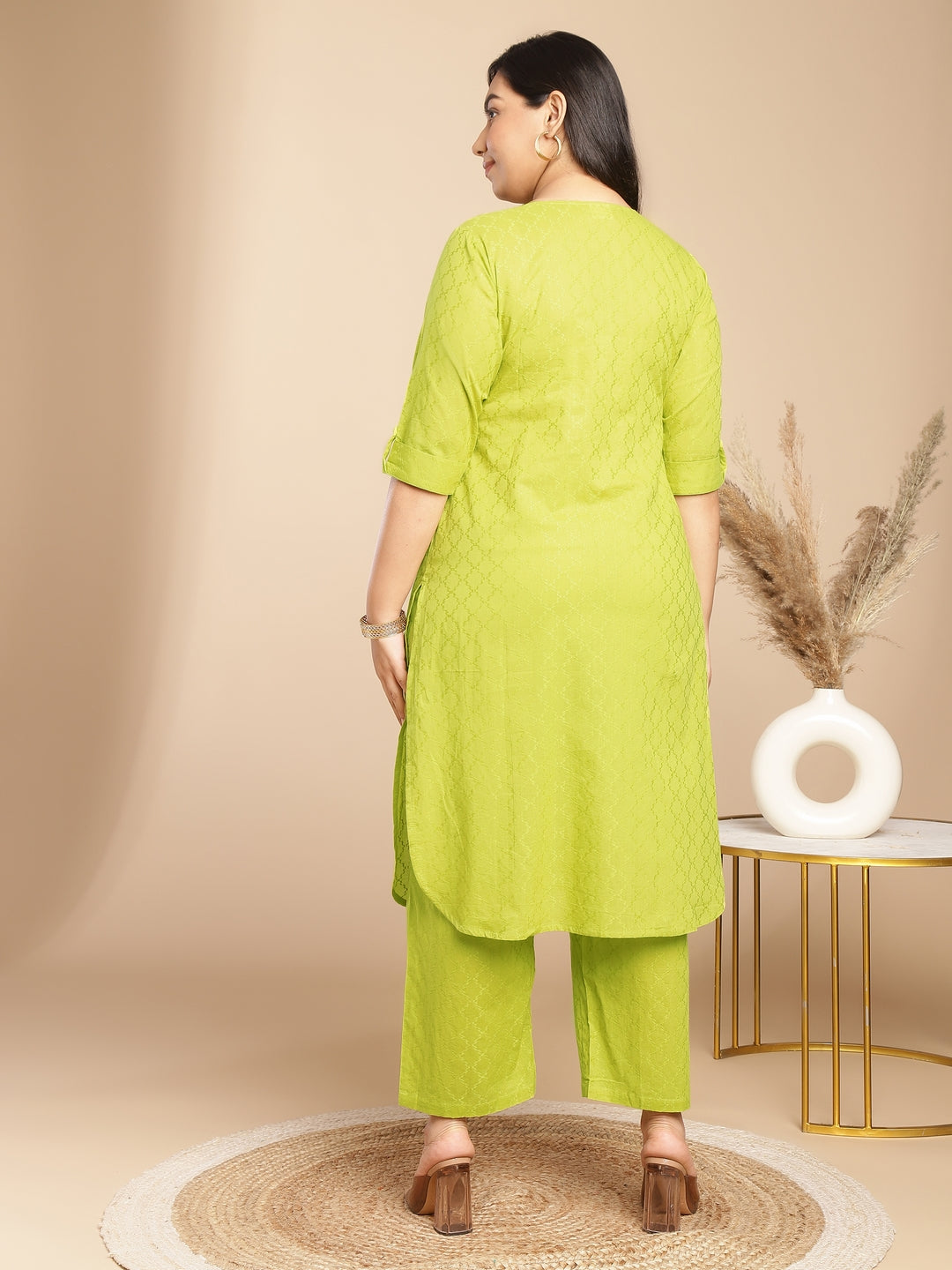 Janasya Regular Jacquard Lime Green Self Design Round Neck Co-Ords - Distacart