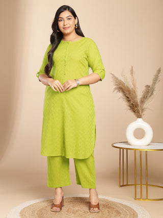 Janasya Regular Jacquard Lime Green Self Design Round Neck Co-Ords - Distacart