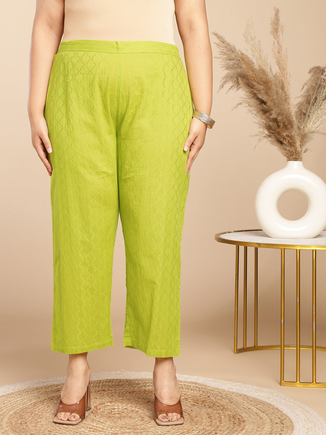 Janasya Regular Jacquard Lime Green Self Design Round Neck Co-Ords - Distacart