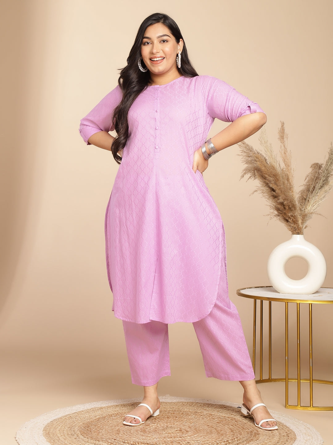 Janasya Straight Jacquard Lavender Self Design Round Neck Co-Ords - Distacart