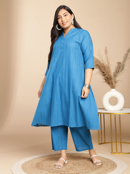 Janasya A-Line Jacquard Teal Self Design Band Collar Co-Ords - Distacart