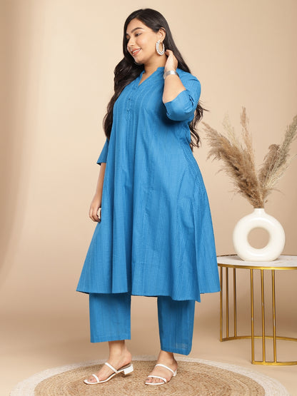 Janasya A-Line Jacquard Teal Self Design Band Collar Co-Ords - Distacart