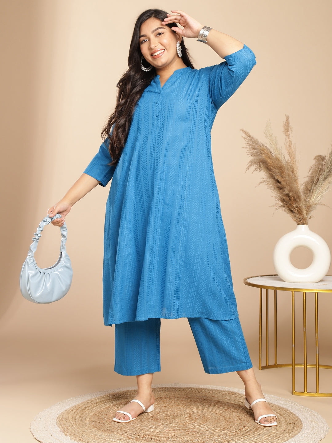 Janasya A-Line Jacquard Teal Self Design Band Collar Co-Ords - Distacart