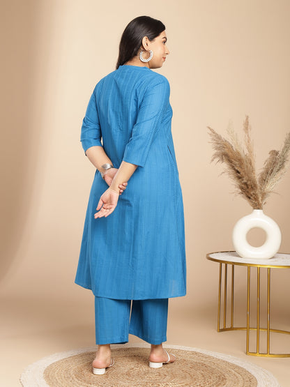 Janasya A-Line Jacquard Teal Self Design Band Collar Co-Ords - Distacart