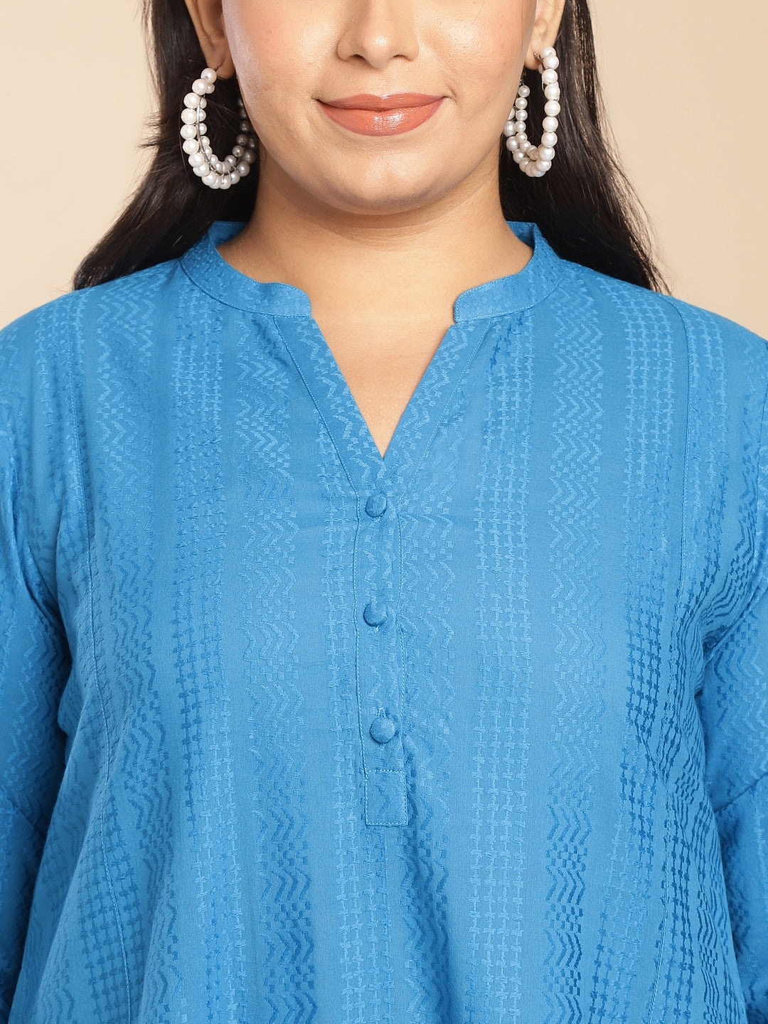 Janasya A-Line Jacquard Teal Self Design Band Collar Co-Ords - Distacart