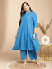 Janasya A-Line Jacquard Teal Self Design Band Collar Co-Ords - Distacart