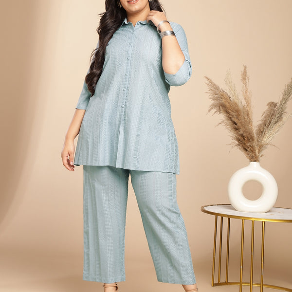 Janasya A-Line Jacquard Light Blue N/A Collar Co-Ords - Distacart