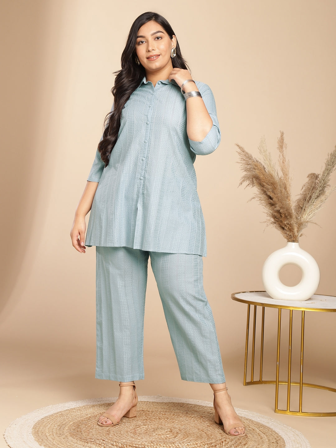 Janasya A-Line Jacquard Light Blue N/A Collar Co-Ords - Distacart