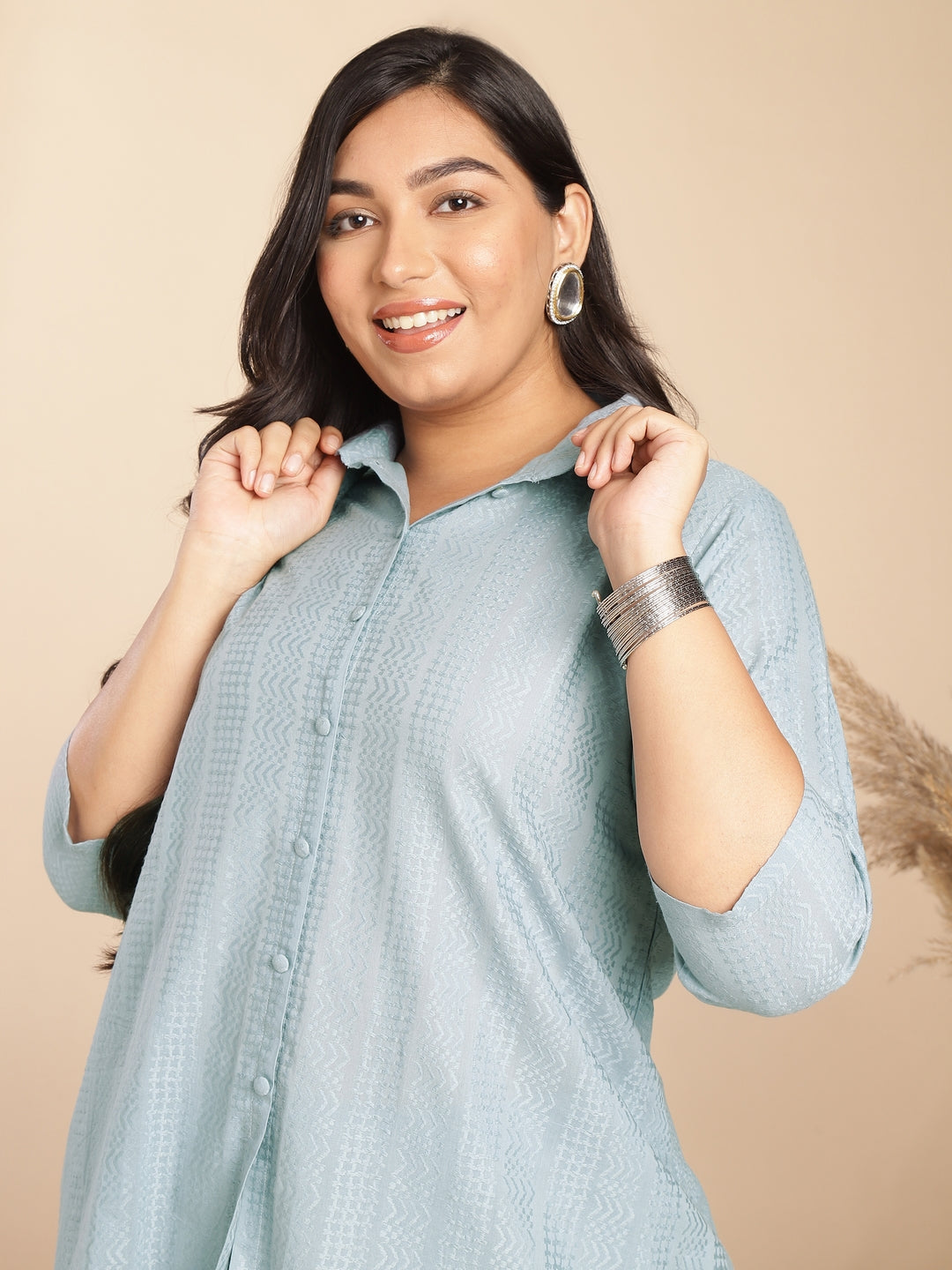 Janasya A-Line Jacquard Light Blue N/A Collar Co-Ords - Distacart