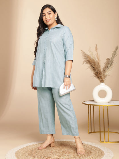 Janasya A-Line Jacquard Light Blue N/A Collar Co-Ords - Distacart