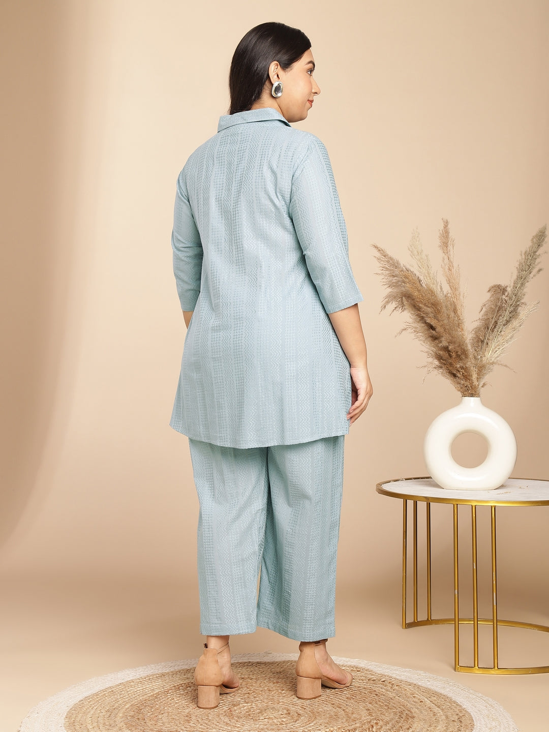 Janasya A-Line Jacquard Light Blue N/A Collar Co-Ords - Distacart