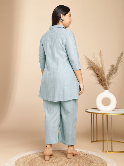Janasya A-Line Jacquard Light Blue N/A Collar Co-Ords - Distacart