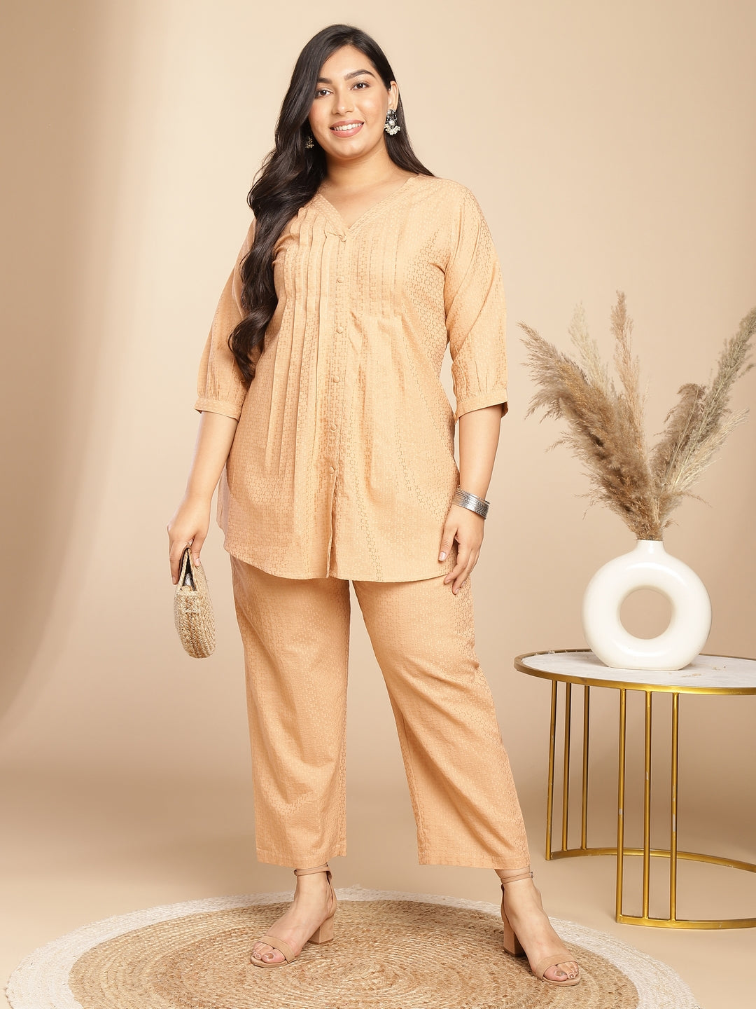 Janasya Pleated Jacquard Peach Self Design V-Neck Co-Ords - Distacart