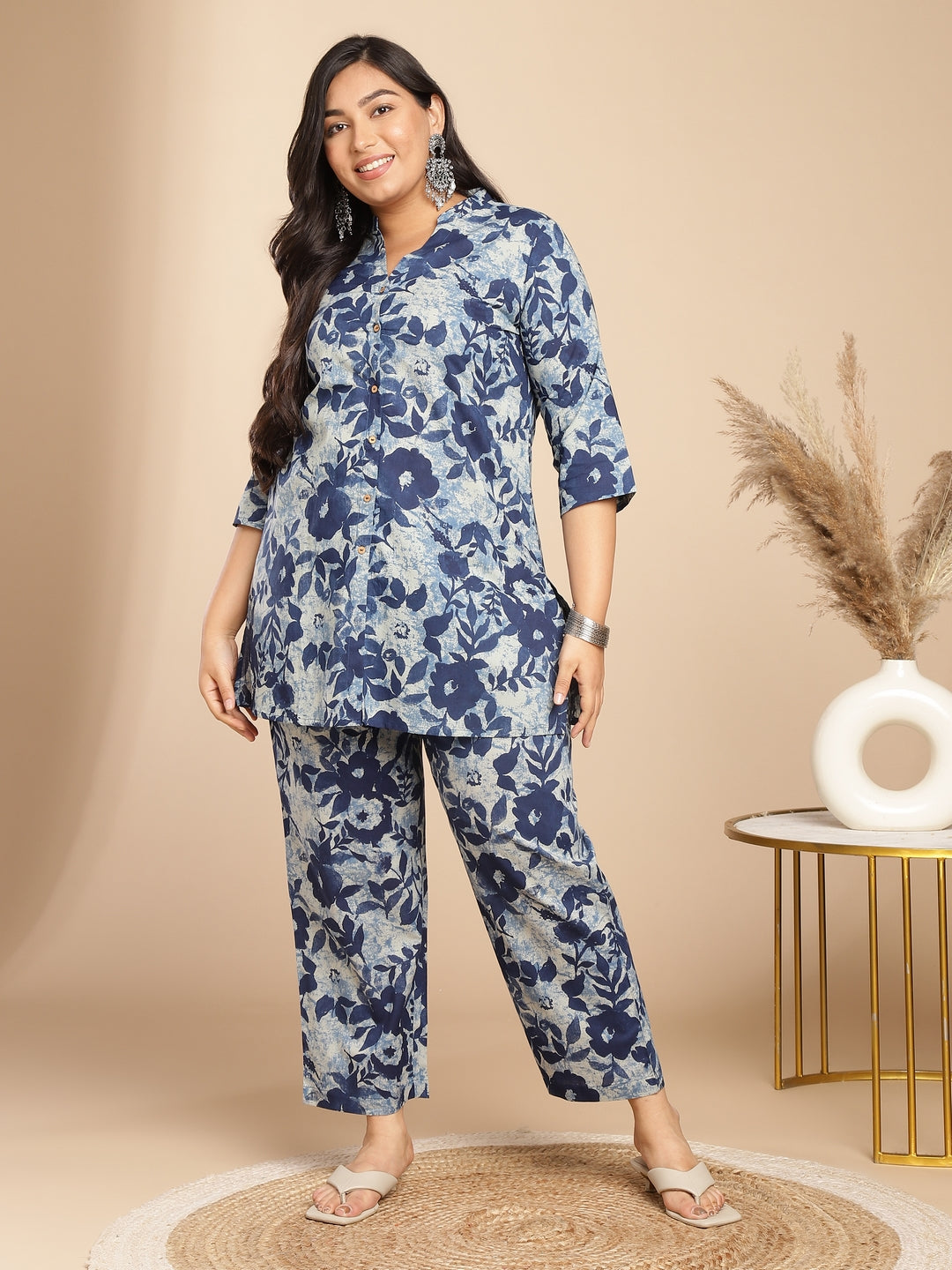 Janasya Dark Cotton Floral A-Line Top & Bottom Set
