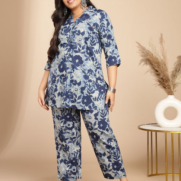 Janasya Dark Cotton Floral A-Line Top & Bottom Set