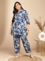 Thumbnail for Janasya Dark Cotton Floral A-Line Top & Bottom Set