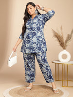 Thumbnail for Janasya Dark Cotton Floral A-Line Top & Bottom Set
