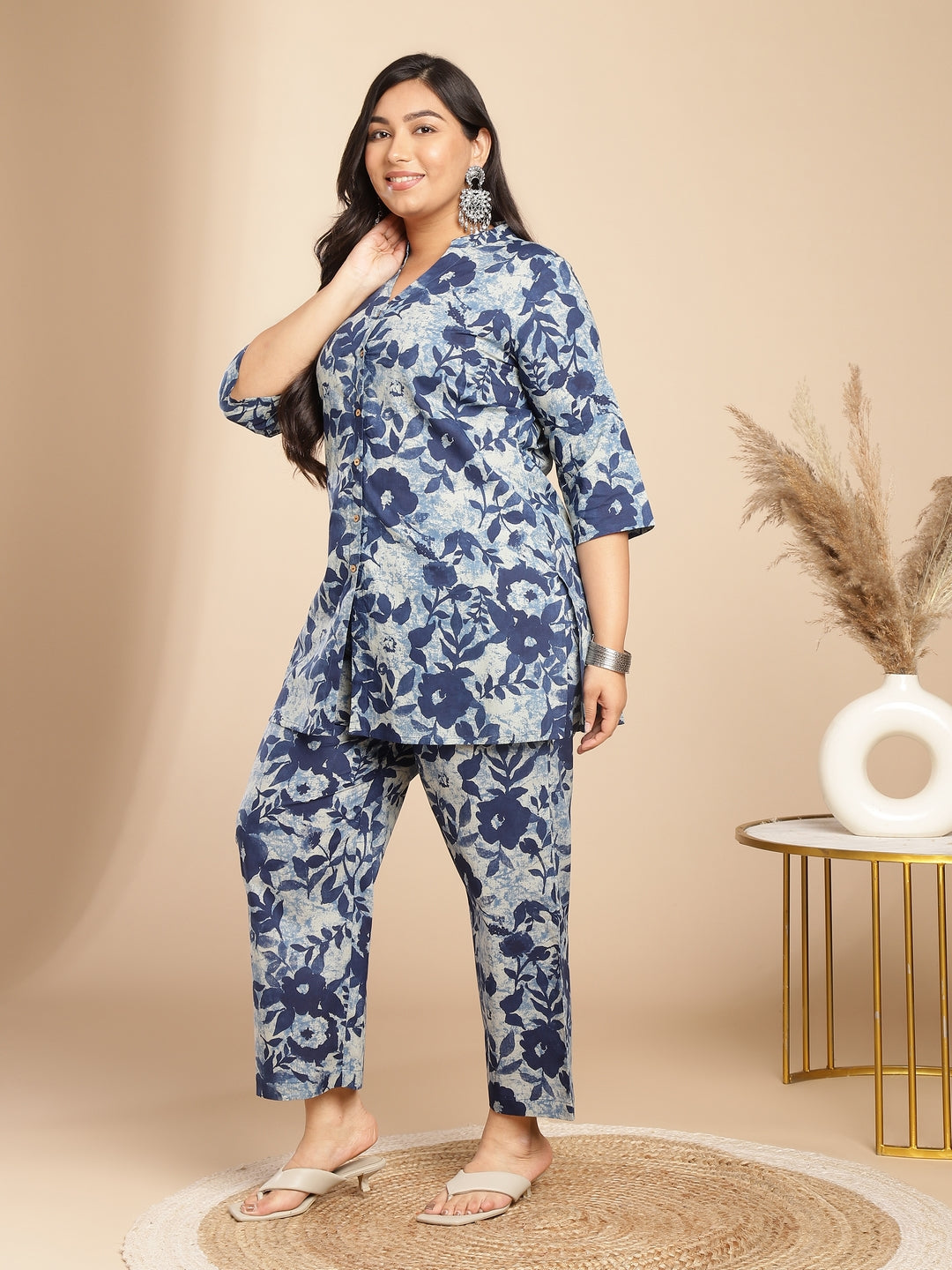 Janasya Dark Cotton Floral A-Line Top & Bottom Set