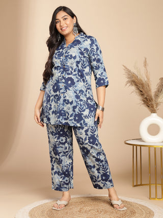 Janasya Dark Cotton Floral A-Line Top & Bottom Set