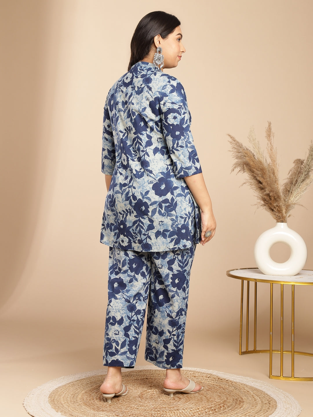 Janasya Dark Cotton Floral A-Line Top & Bottom Set