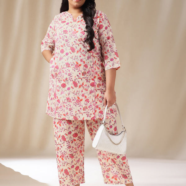 Janasya A-Line Cambric Cream Floral Notch Neck Co-Ords - Distacart