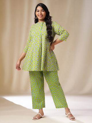 Janasya A-Line Cambric Lime Green Ethnic Motifs Band Collar Co-Ords - Distacart