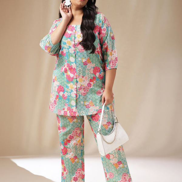 Janasya A-Line Cambric Aqua Ethnic Motifs Square Neck Co-Ords - Distacart