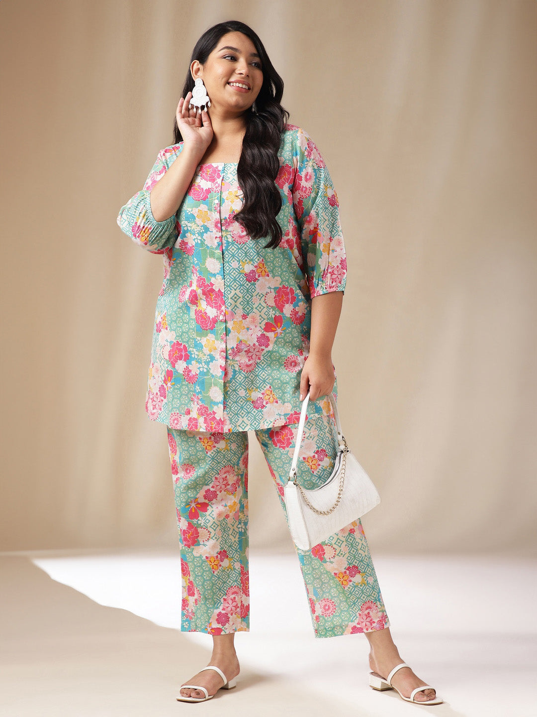 Janasya A-Line Cambric Aqua Ethnic Motifs Square Neck Co-Ords - Distacart