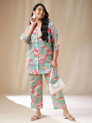 Janasya A-Line Cambric Aqua Ethnic Motifs Square Neck Co-Ords - Distacart