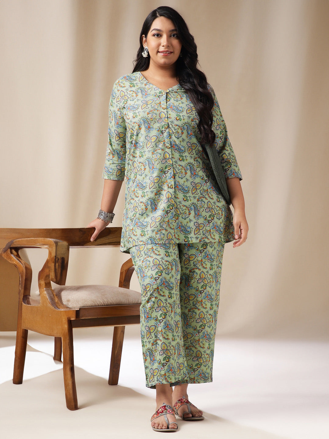 Janasya Straight Cambric Sage Ethnic Motifs V-Neck Co-Ords - Distacart