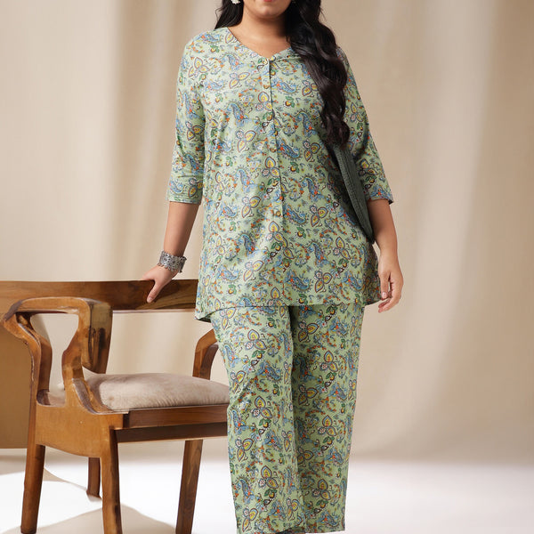 Janasya Straight Cambric Sage Ethnic Motifs V-Neck Co-Ords - Distacart