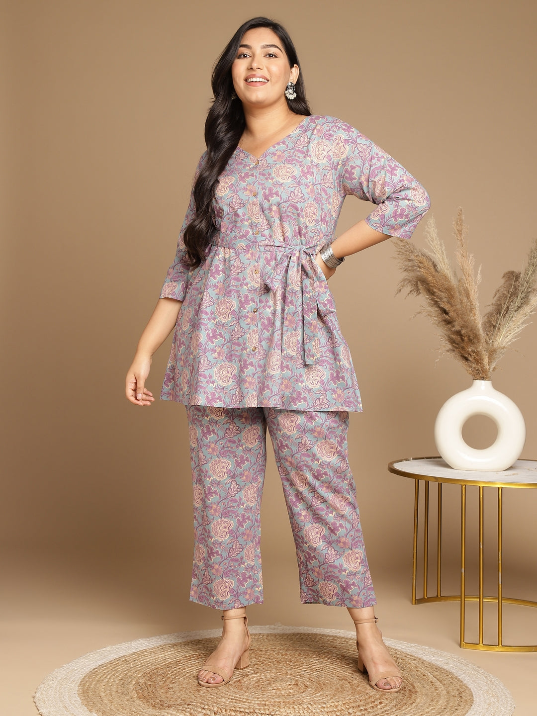 Janasya A-Line Cambric Grey - V-Neck Co-Ords - Distacart