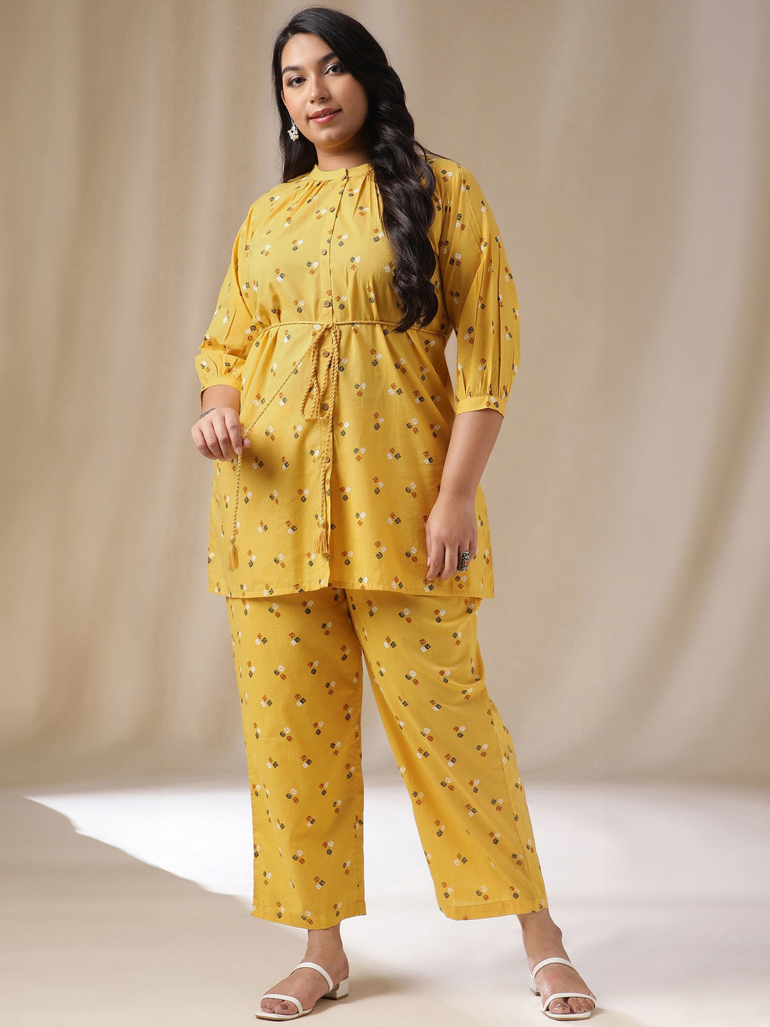 Janasya Regular Cambric Mustard Geometric Band Collar Co-Ords - Distacart