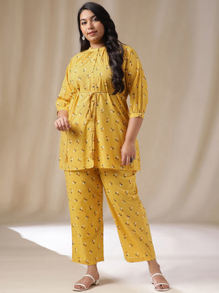 Janasya Regular Cambric Mustard Geometric Band Collar Co-Ords - Distacart