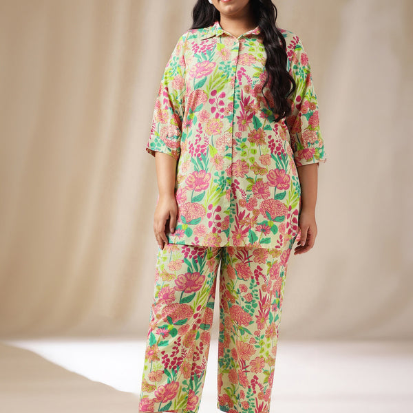 Janasya Regular Cambric Beige Floral Collar Co-Ords - Distacart