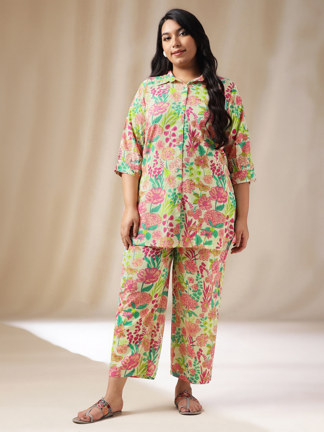 Janasya Regular Cambric Beige Floral Collar Co-Ords - Distacart