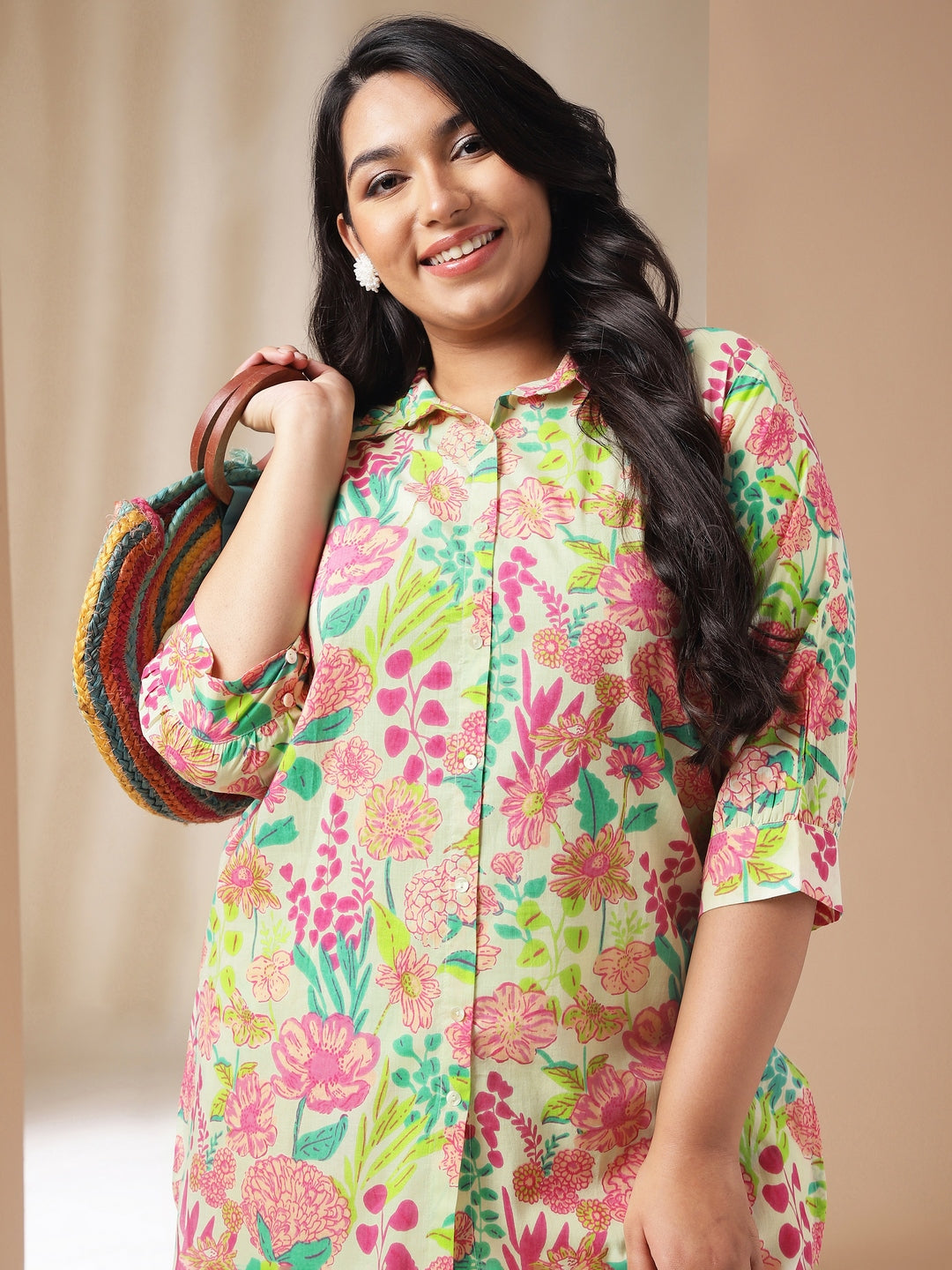 Janasya Regular Cambric Beige Floral Collar Co-Ords - Distacart