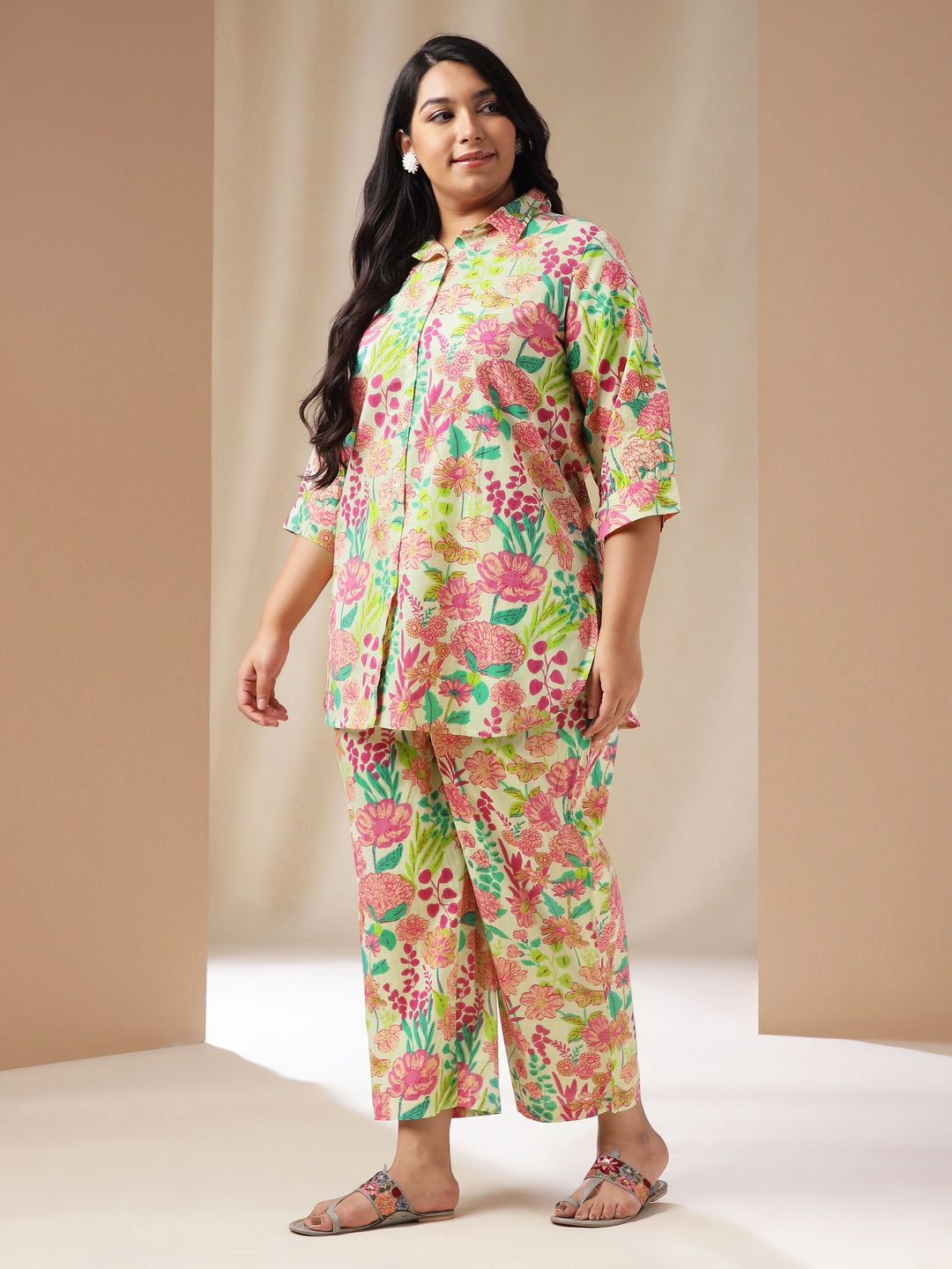Janasya Regular Cambric Beige Floral Collar Co-Ords - Distacart