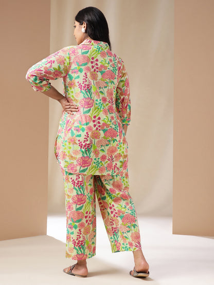 Janasya Regular Cambric Beige Floral Collar Co-Ords - Distacart