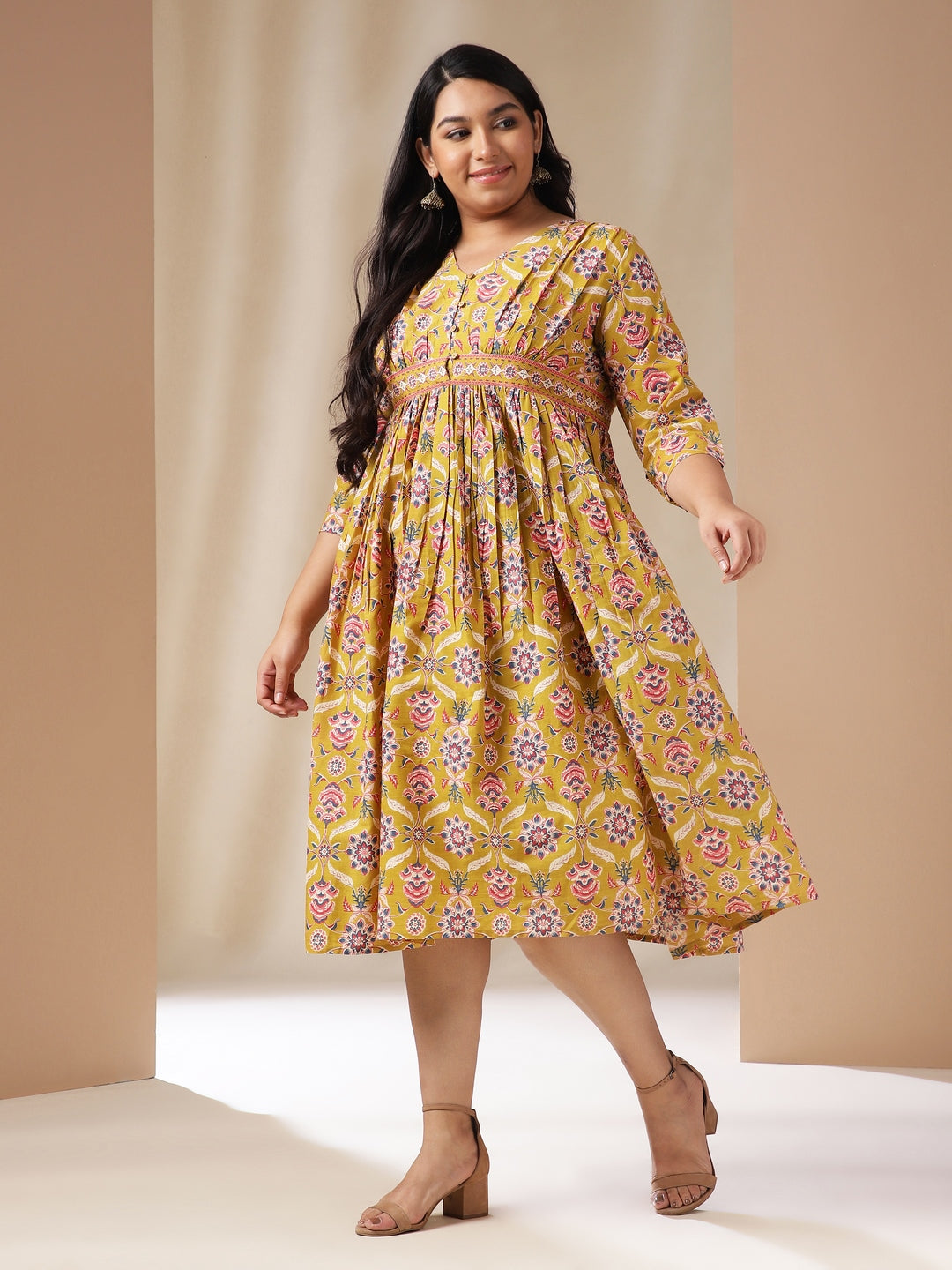 Janasya Gathered Cotton Mustard Floral V-Neck Dress - Distacart